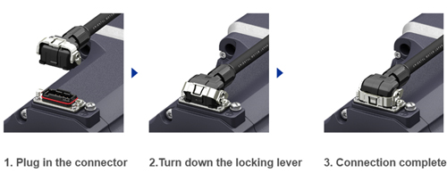Plug in connector, push down lock lever to complete connection